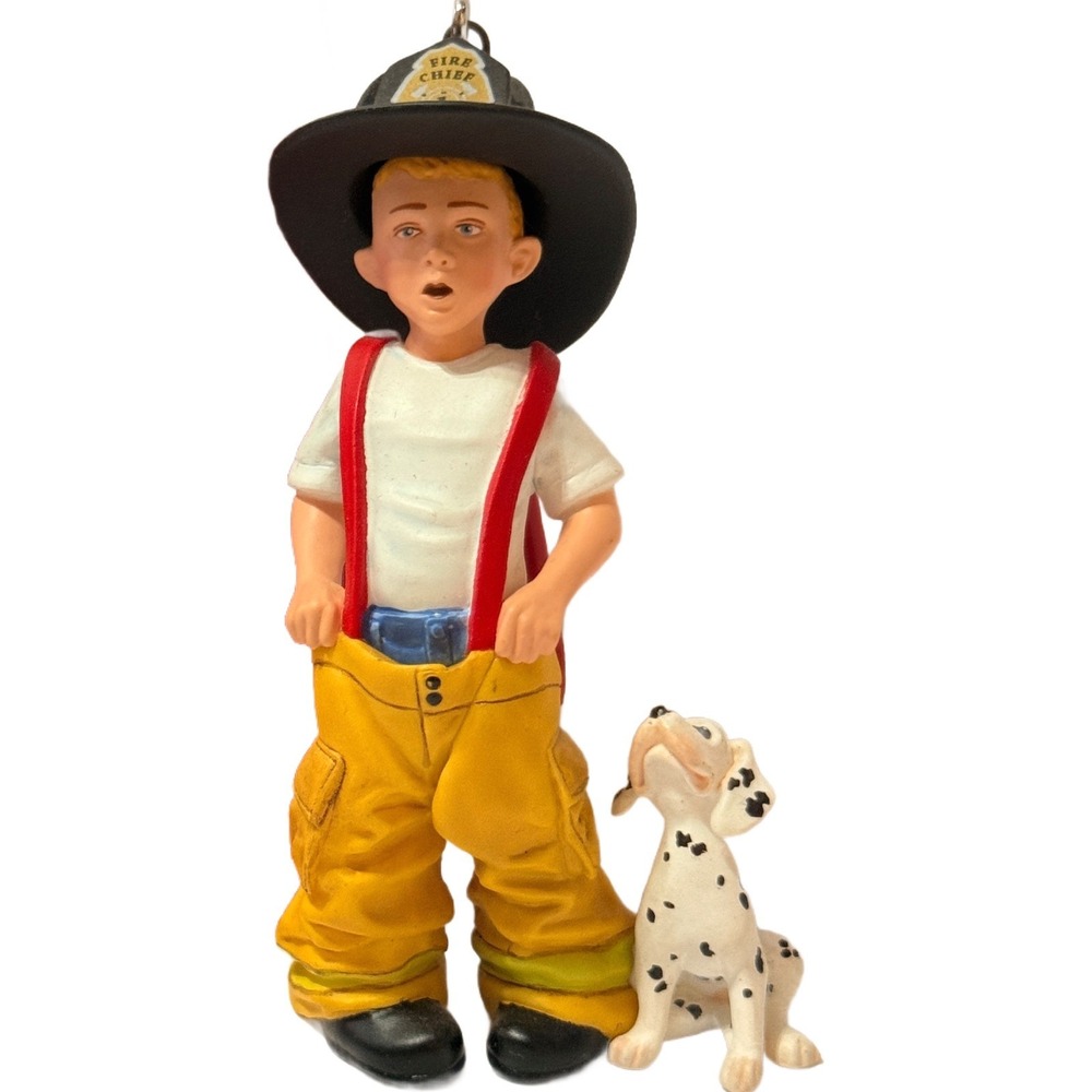 Hallmark "Dreaming Big" Fire Chief Boy and Dalmatian Dog Ornament 2005